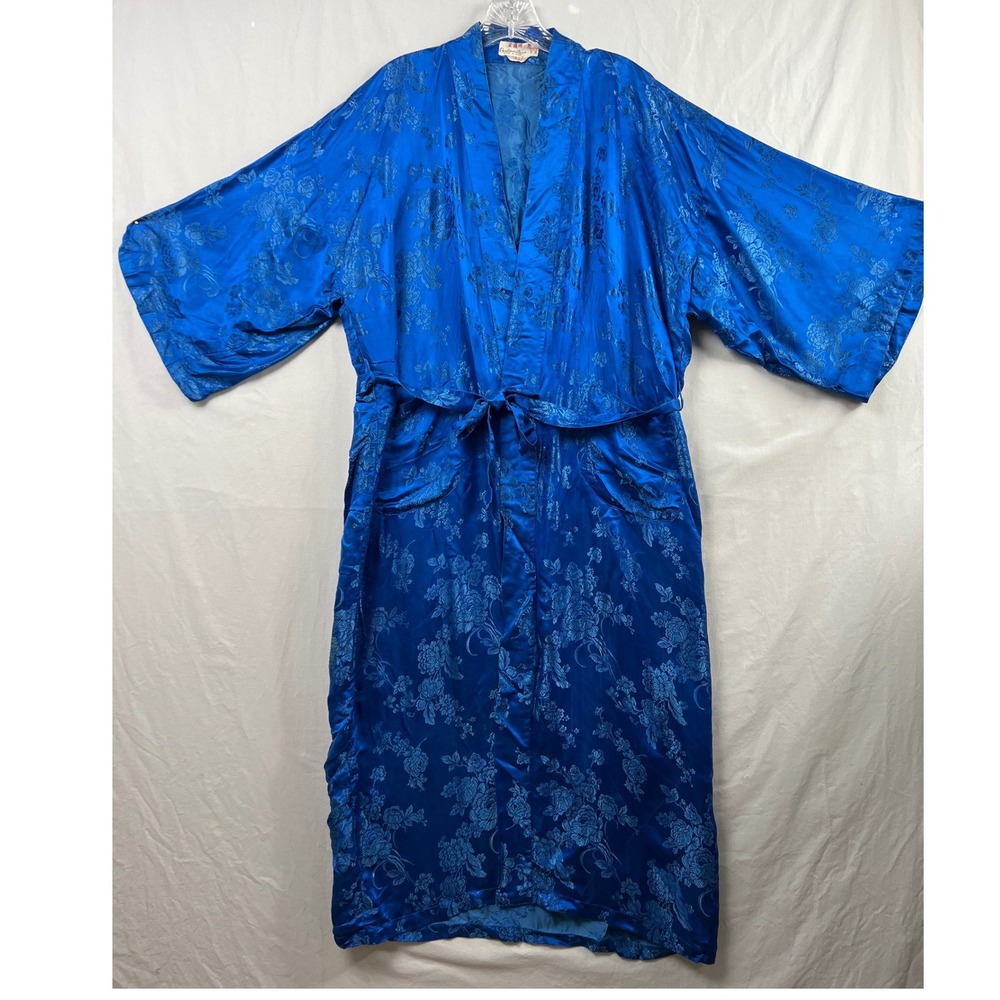 Vintage Golden Deer Kimono Robe Women S Blue Floral Damask Satin Loungewear